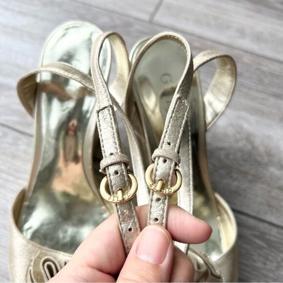 Guess Pewter Metallic Wedge Ankle Strap Peep Toe Heels Shoes Buckle - Picture 13 of 15